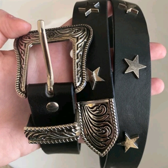 Western boho silver buckle black faux leather star studs waist belt - Picture 14 of 14